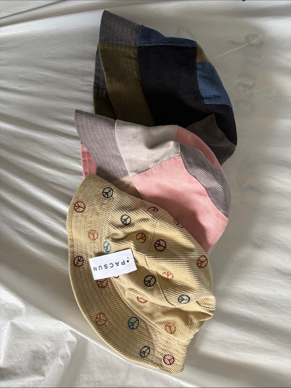 PacSun Kids Corduroy Bucket Hat Trio in Yellow, Pink & Multicolor Patchwork